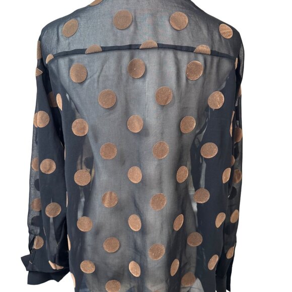 2/$30 Zara XS Basic Sheer Black & Brown Polka Dot Long Sleeve Button-Up Blouse - Picture 3 of 11